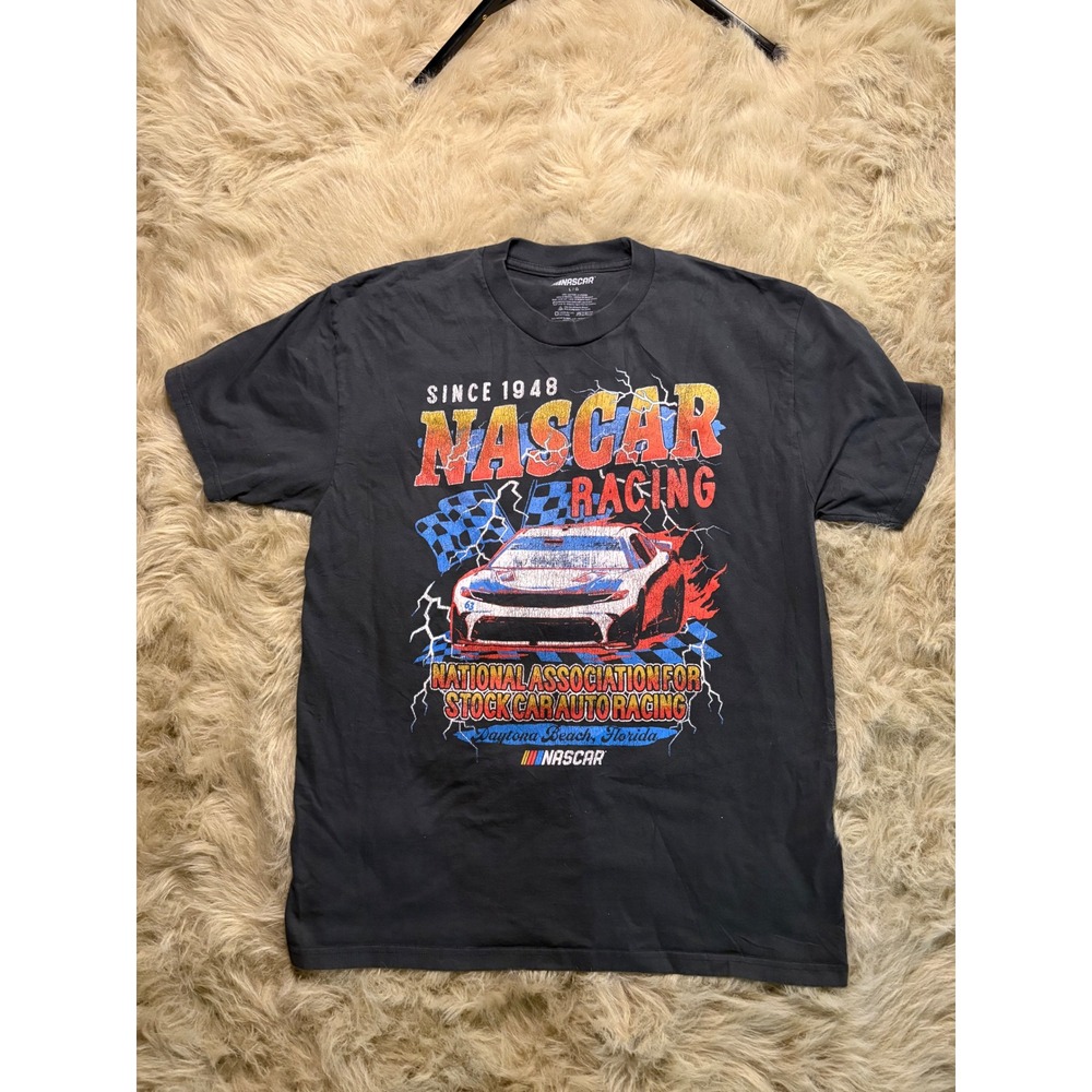 NASCAR Racing Graphic T-Shirt Mens Large Black Daytona Beach Florida Stock Car